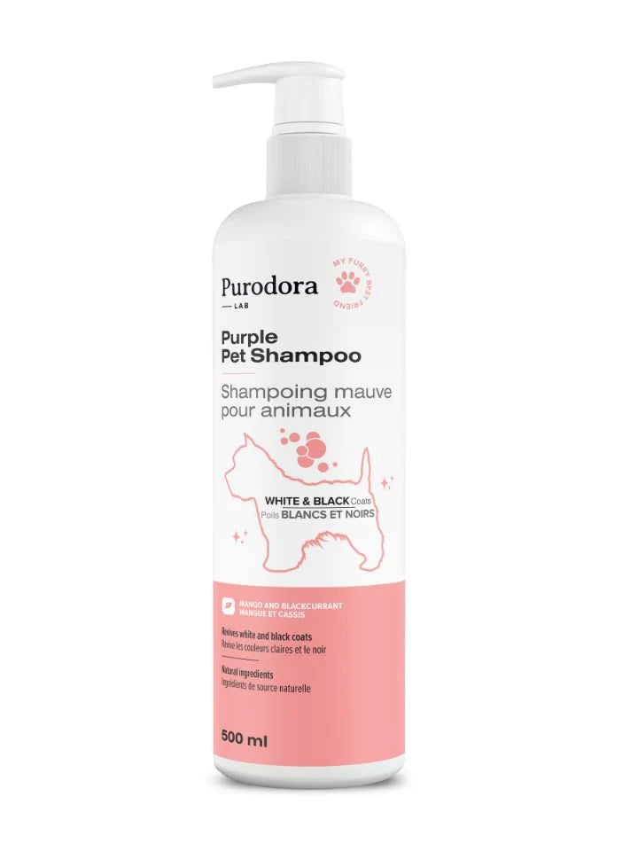 Shampoing mauve animaux poils blancs noirs 500ml compagnie québécoise purodora