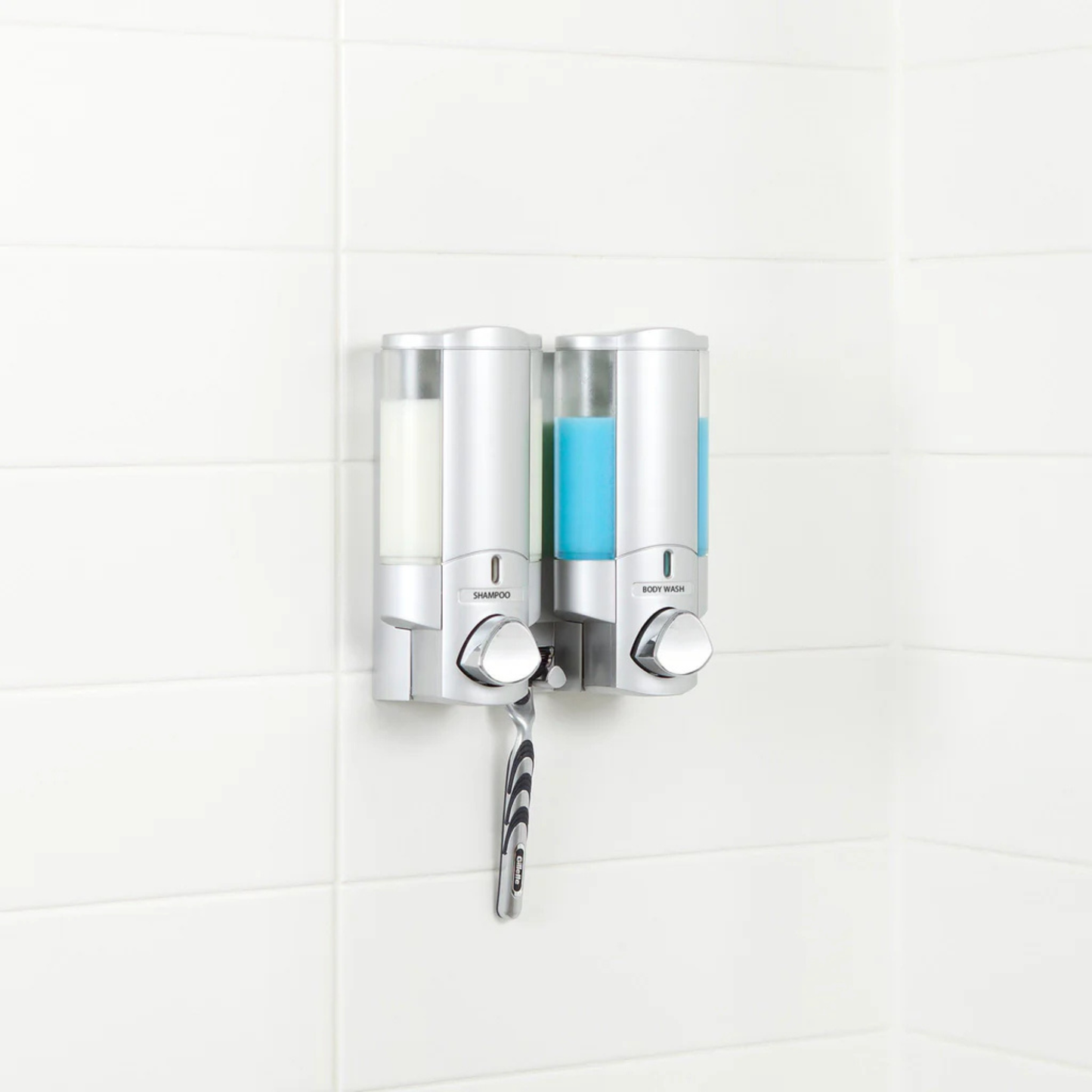 Distributeur mural double douche savon shampoing gris satin aviva revitalisant