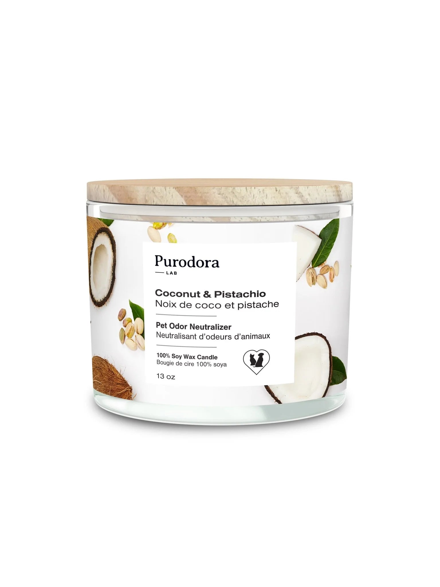 Purodora chandelle cire soya neutralisant odeurs animaux noix coco pistache