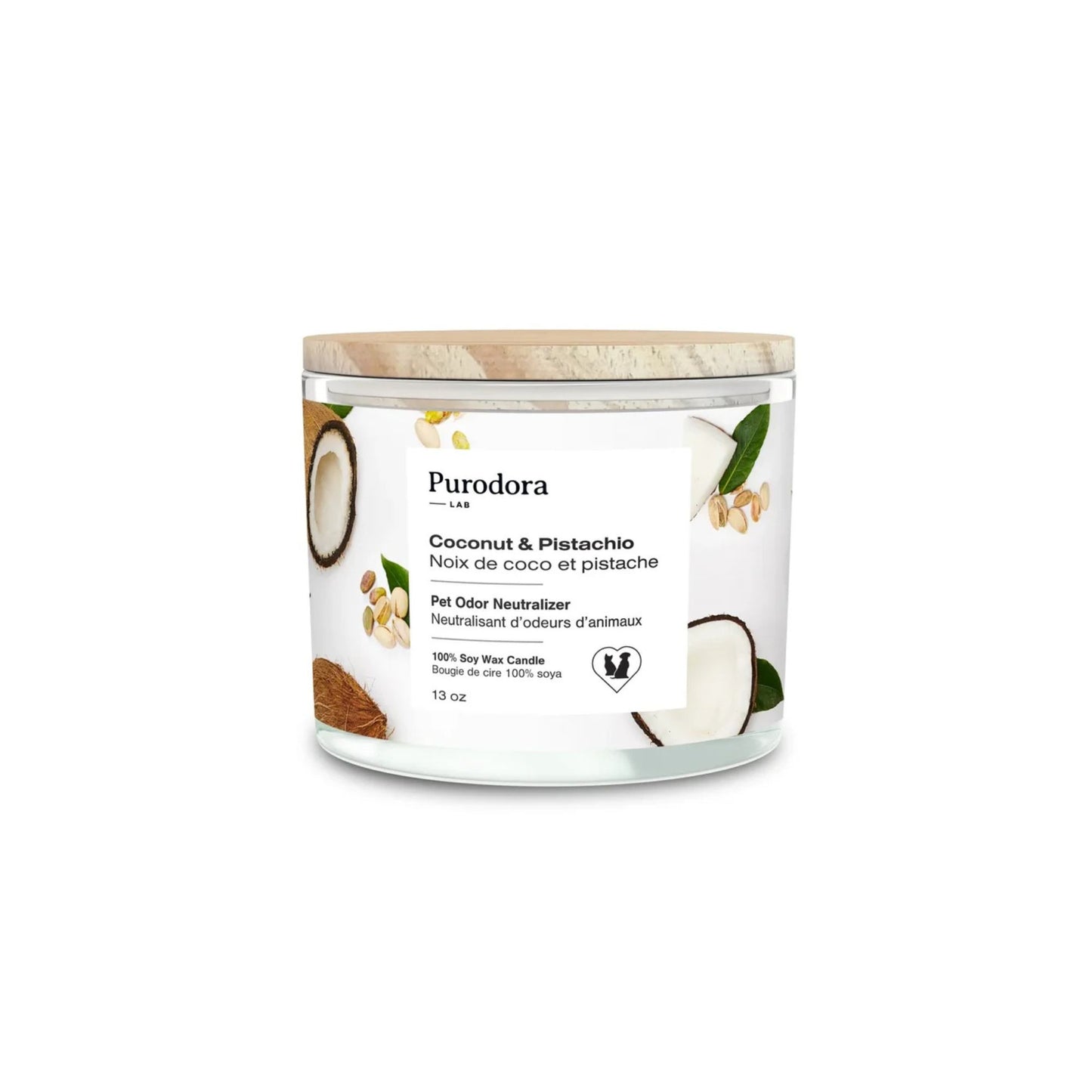 Purodora chandelle cire soya neutralisant odeurs animaux noix coco pistache