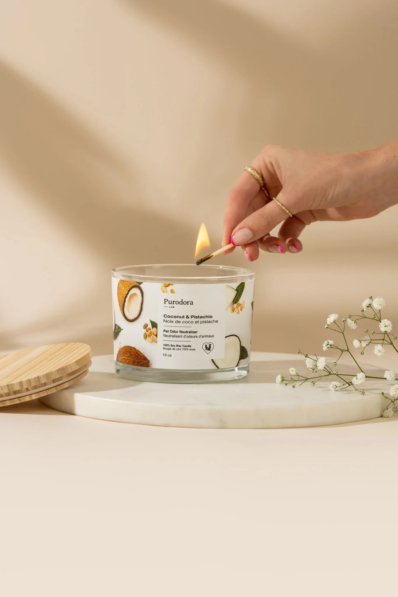 Purodora chandelle cire soya neutralisant odeurs animaux noix coco pistache