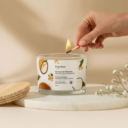 Purodora chandelle cire soya neutralisant odeurs animaux noix coco pistache