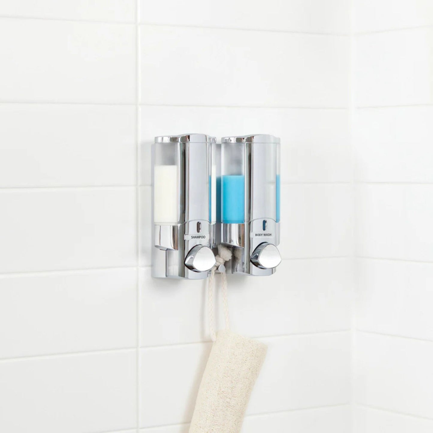 distributeur mural double douche savon shampoing revitalisant aviva chrome gris