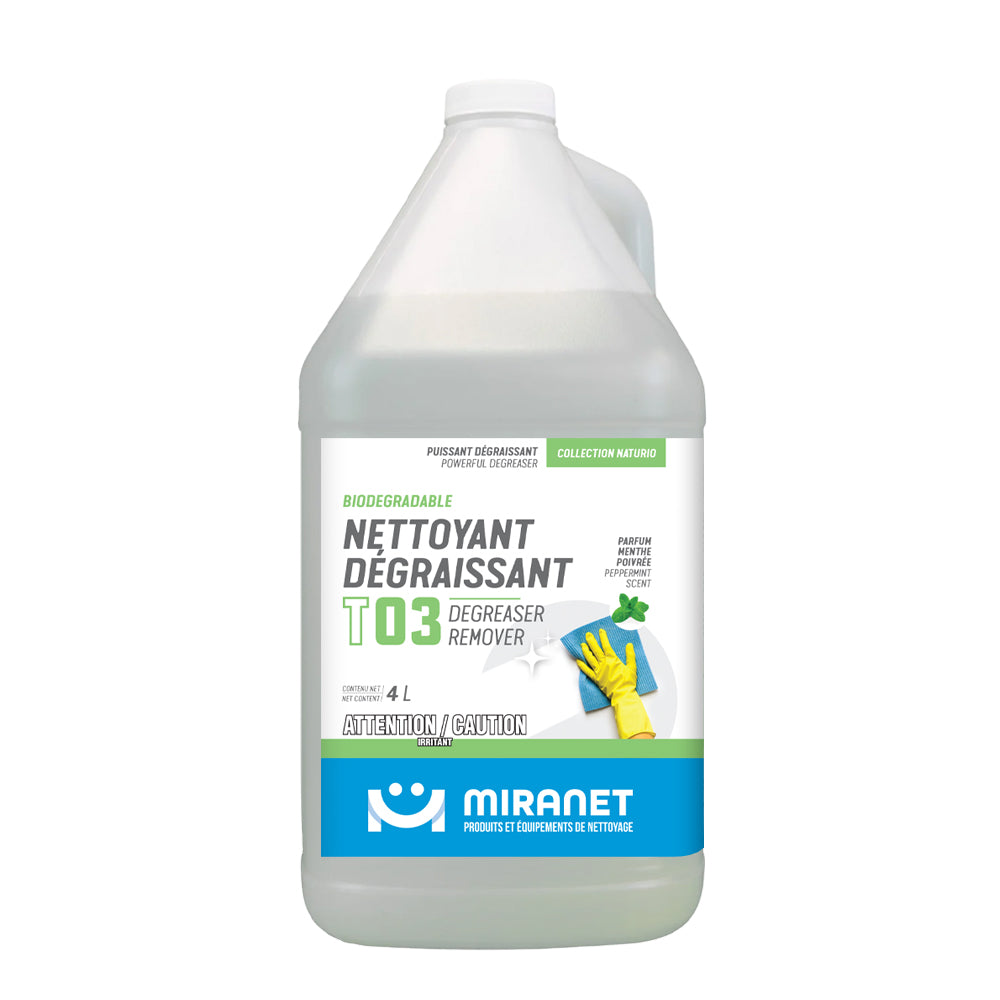 nettoyant dégraissant t03 biodégradable miranet parfum menthe poivrée 4L