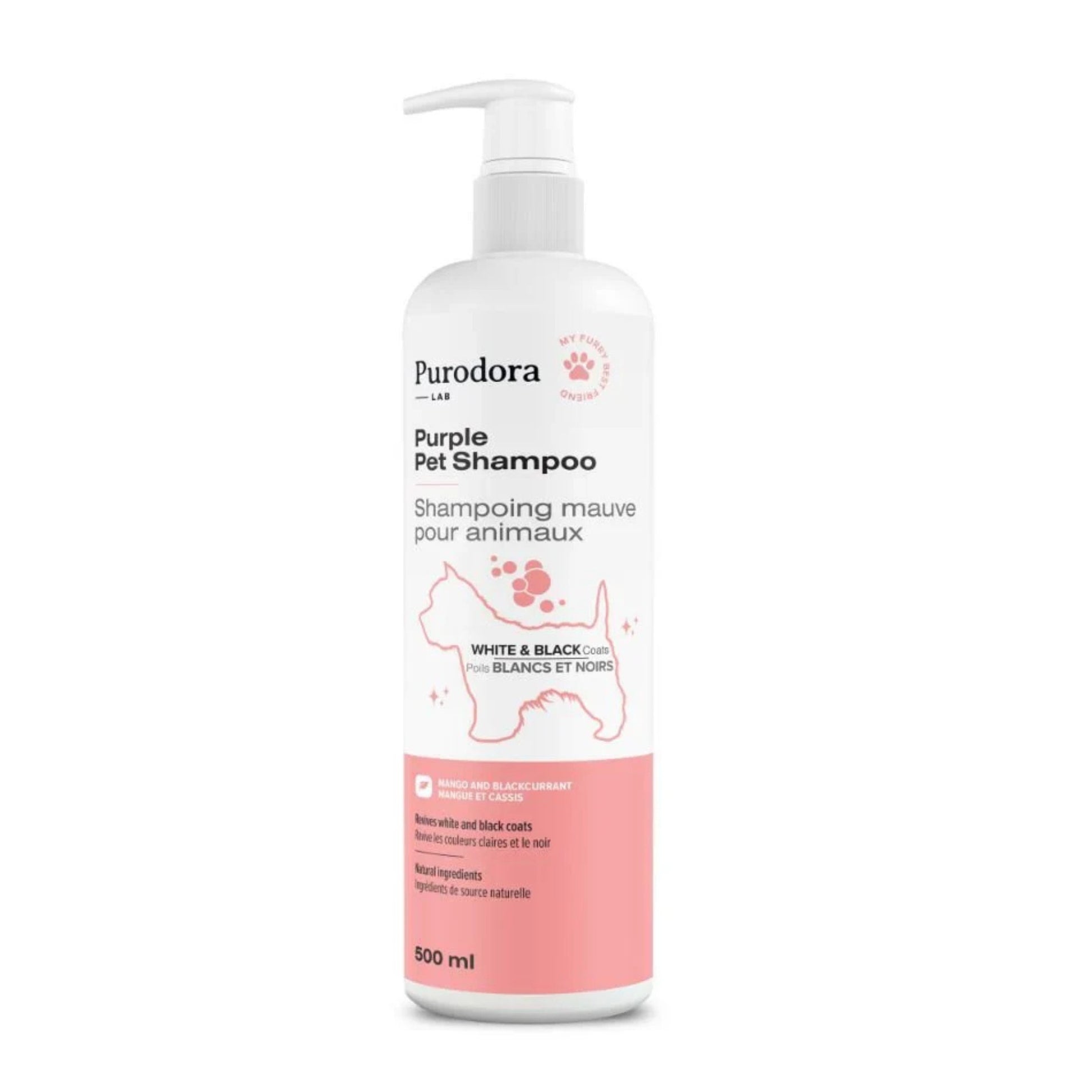 Shampoing mauve animaux poils blancs noirs purodora compagnie québécoise