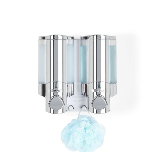 distributeur mural double douche savon shampoing revitalisant aviva chrome gris