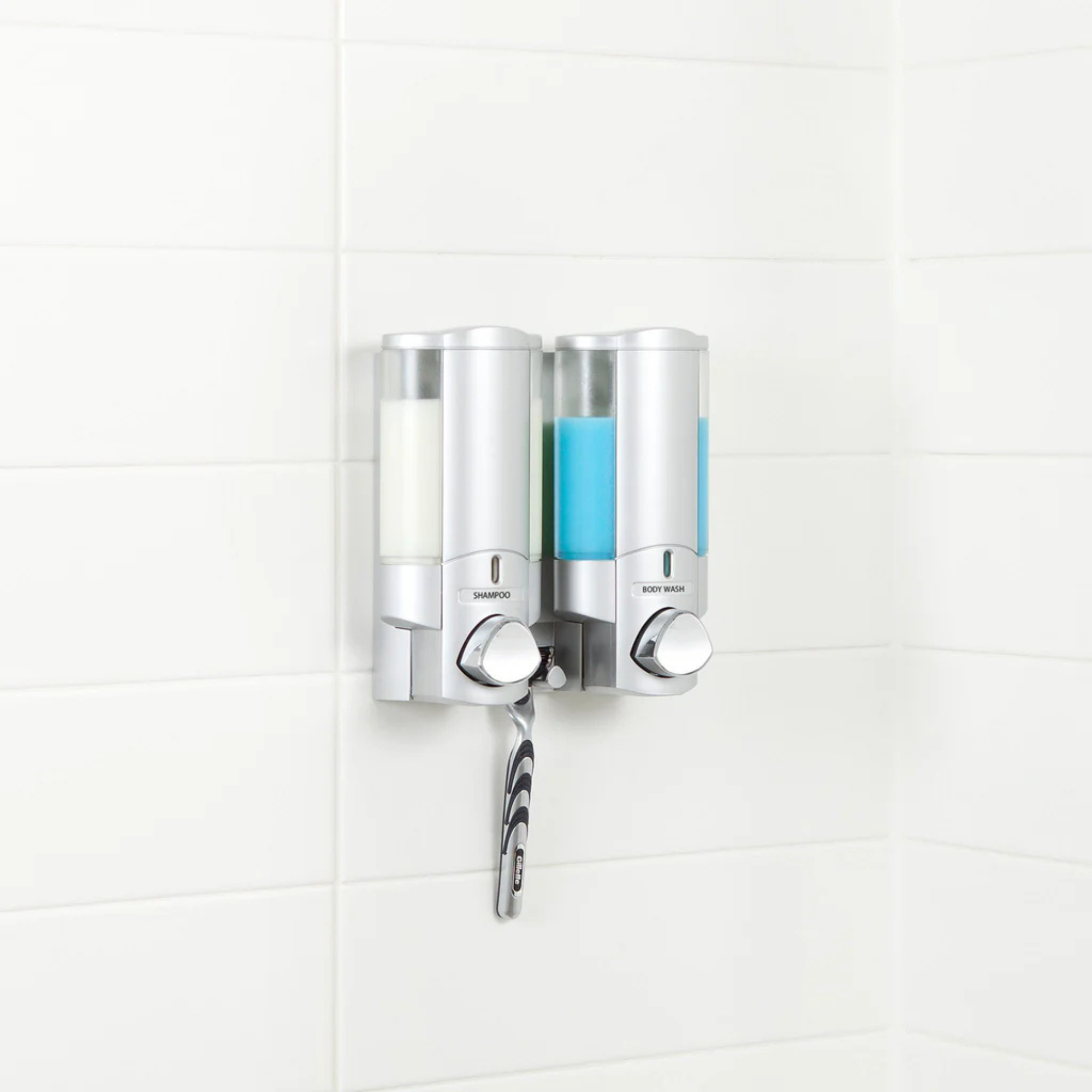 Distributeur mural double douche savon shampoing gris satin aviva revitalisant