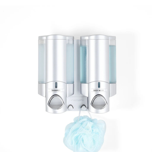 Distributeur mural double douche savon shampoing gris satin aviva revitalisant