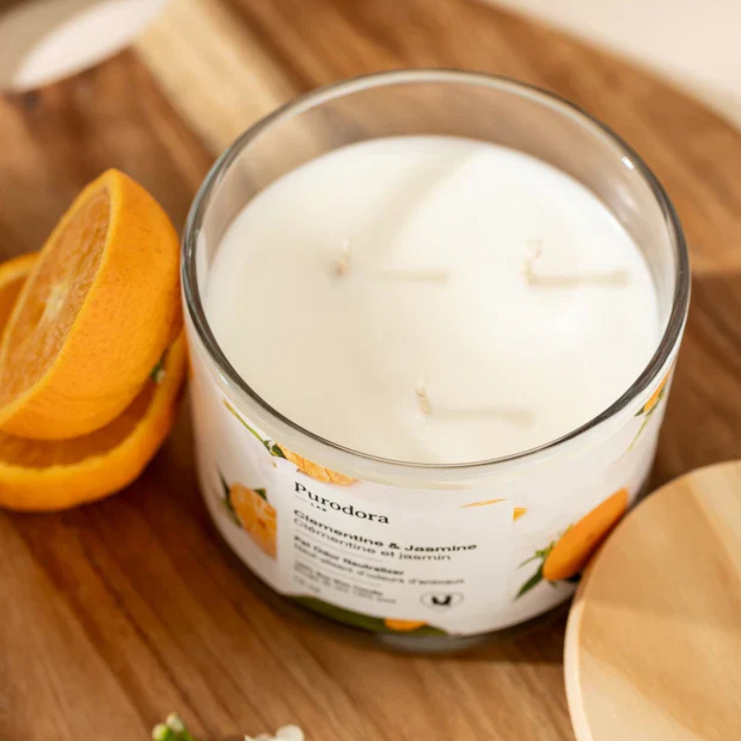 Chandelle soya naturelle purodora neutralise odeurs animaux clémentine jasmin