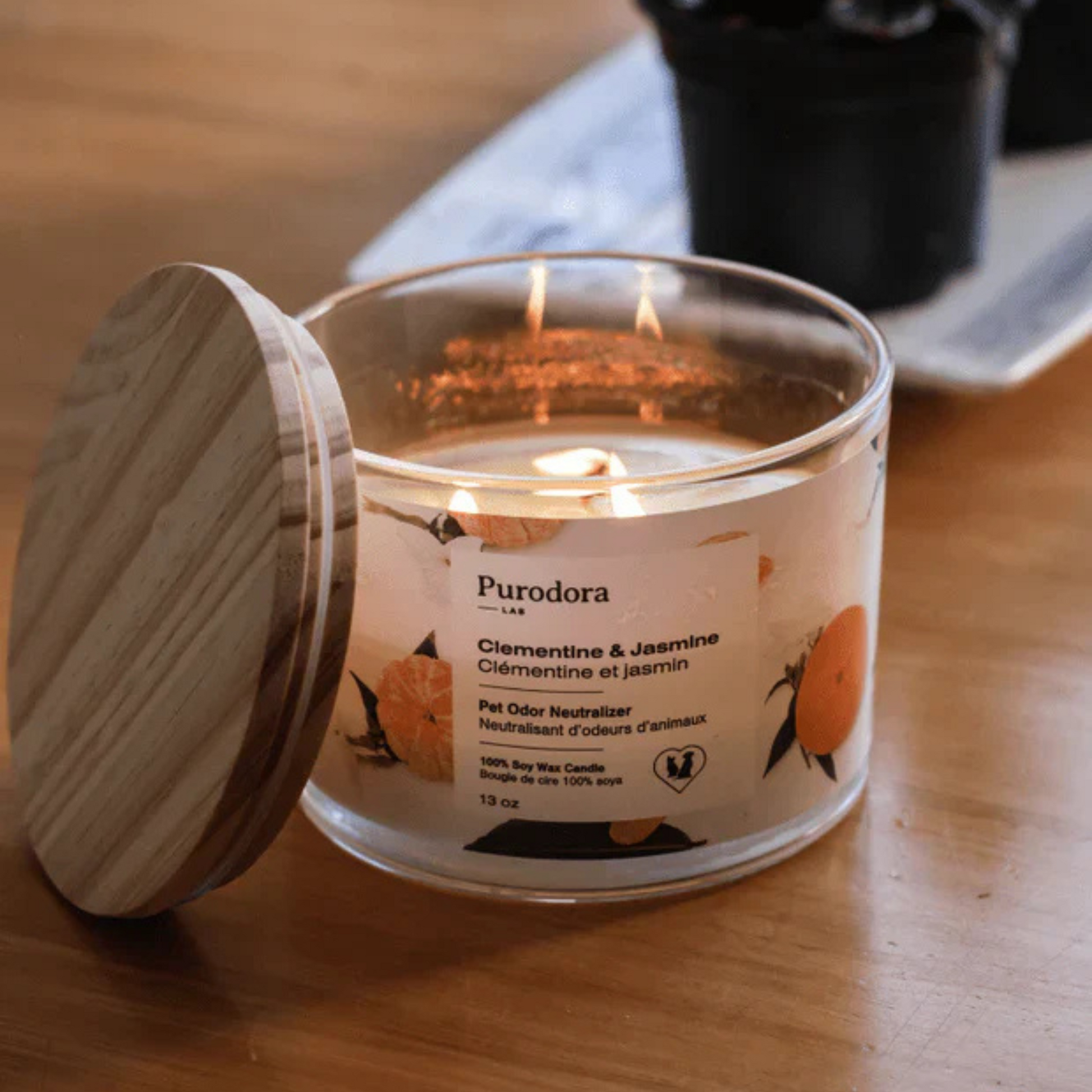 Chandelle soya naturelle purodora neutralise odeurs animaux clémentine jasmin