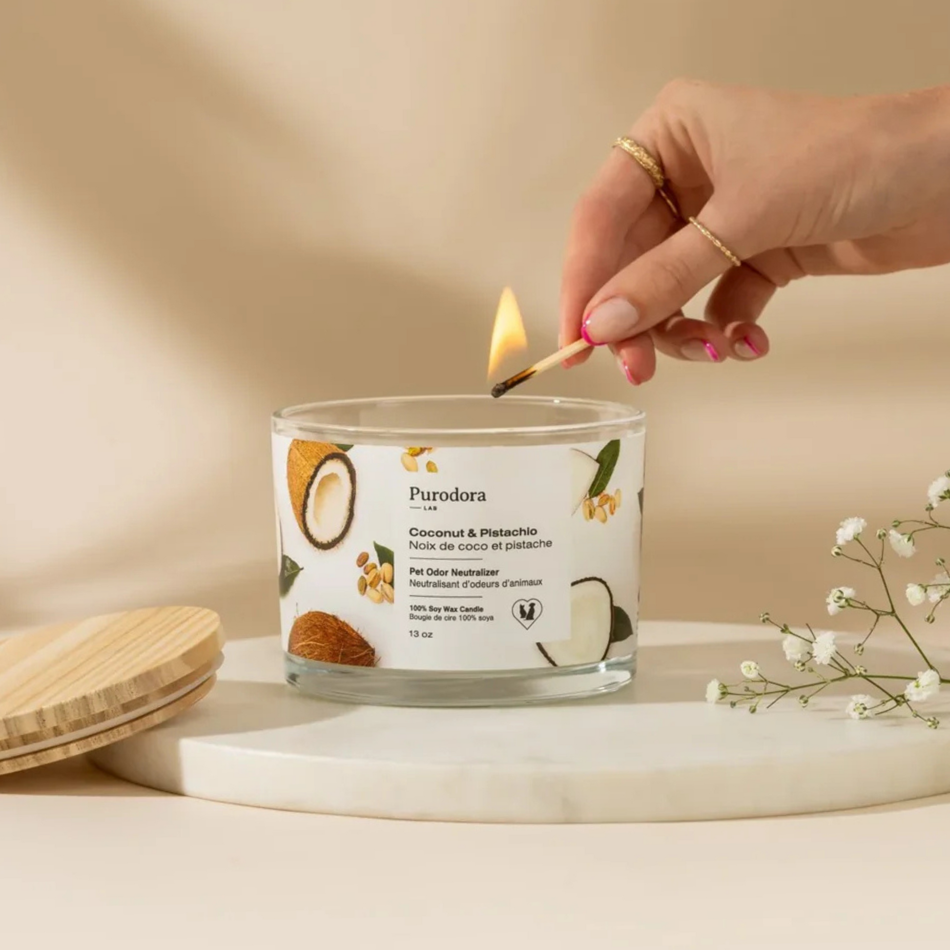 Purodora chandelle cire soya neutralisant odeurs animaux noix coco pistache