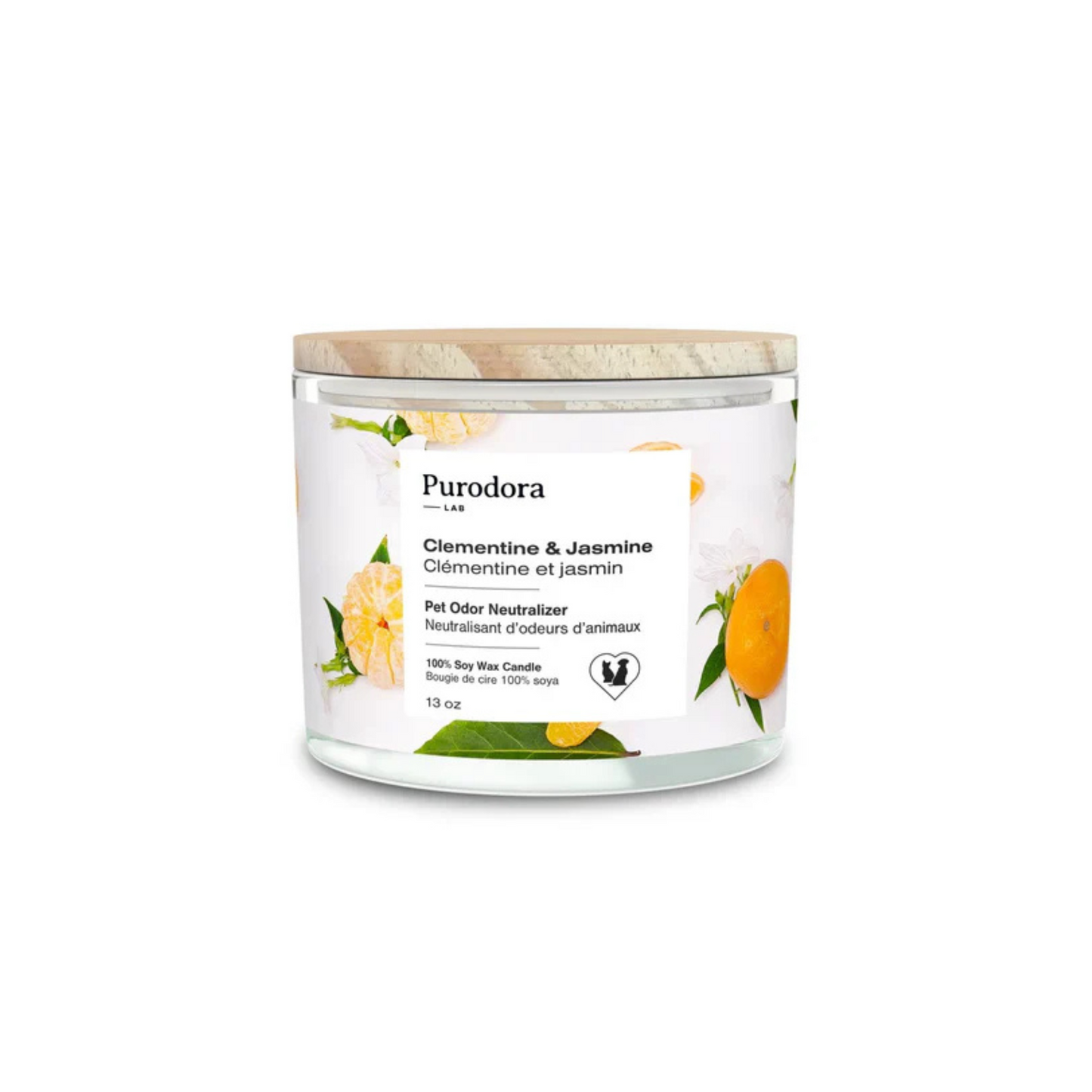Chandelle soya naturelle purodora neutralise odeurs animaux clémentine jasmin