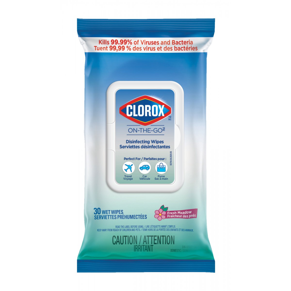 Lingettes désinfectantes clorox on-the-go fraîcheur des prés paquet 30