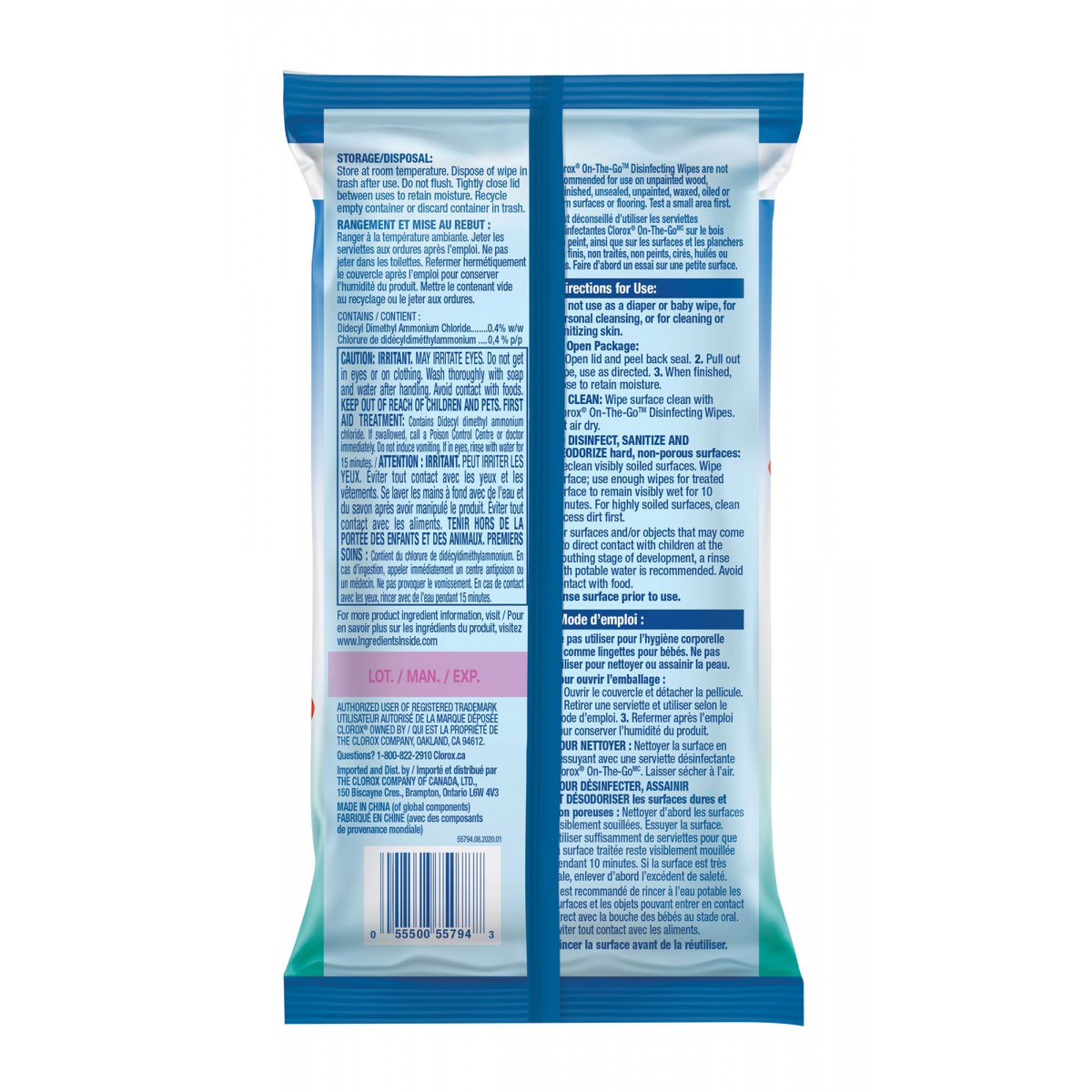 Lingettes désinfectantes clorox on-the-go fraîcheur des prés paquet 30