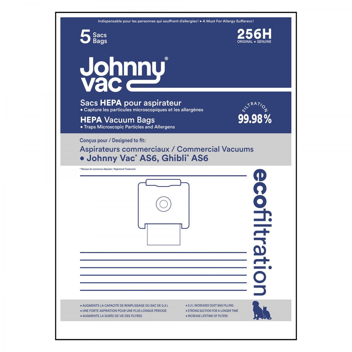 Johnny vac sacs hepa aspirateur commerciaux 256H ghibli AS6 paquet 5