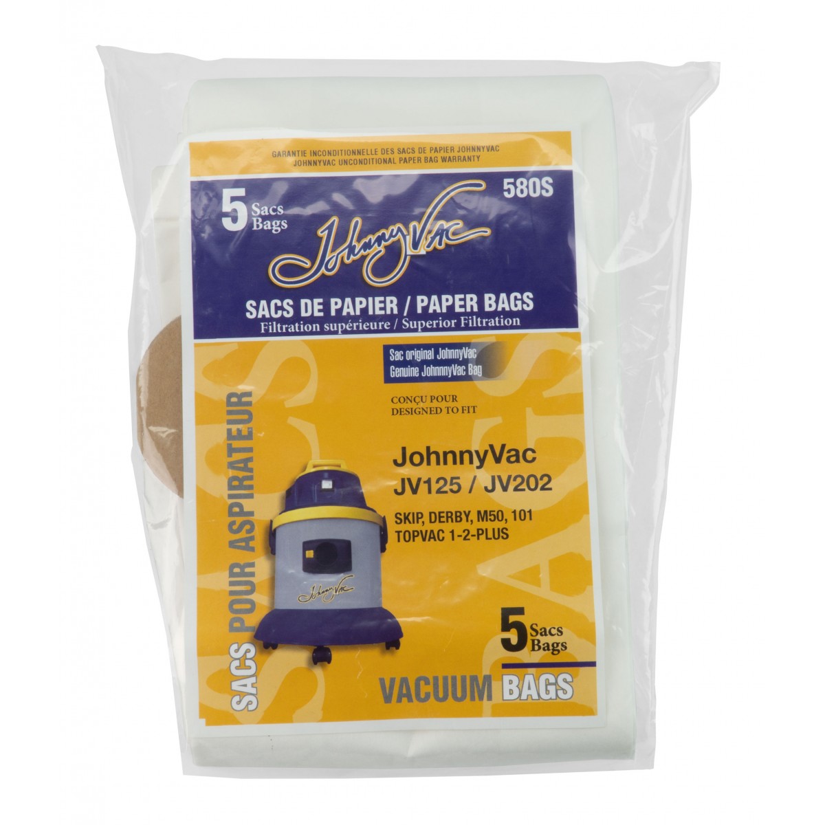 Sacs en papier aspirateur commercial johnny vac JV125 Jv202 paquet 5