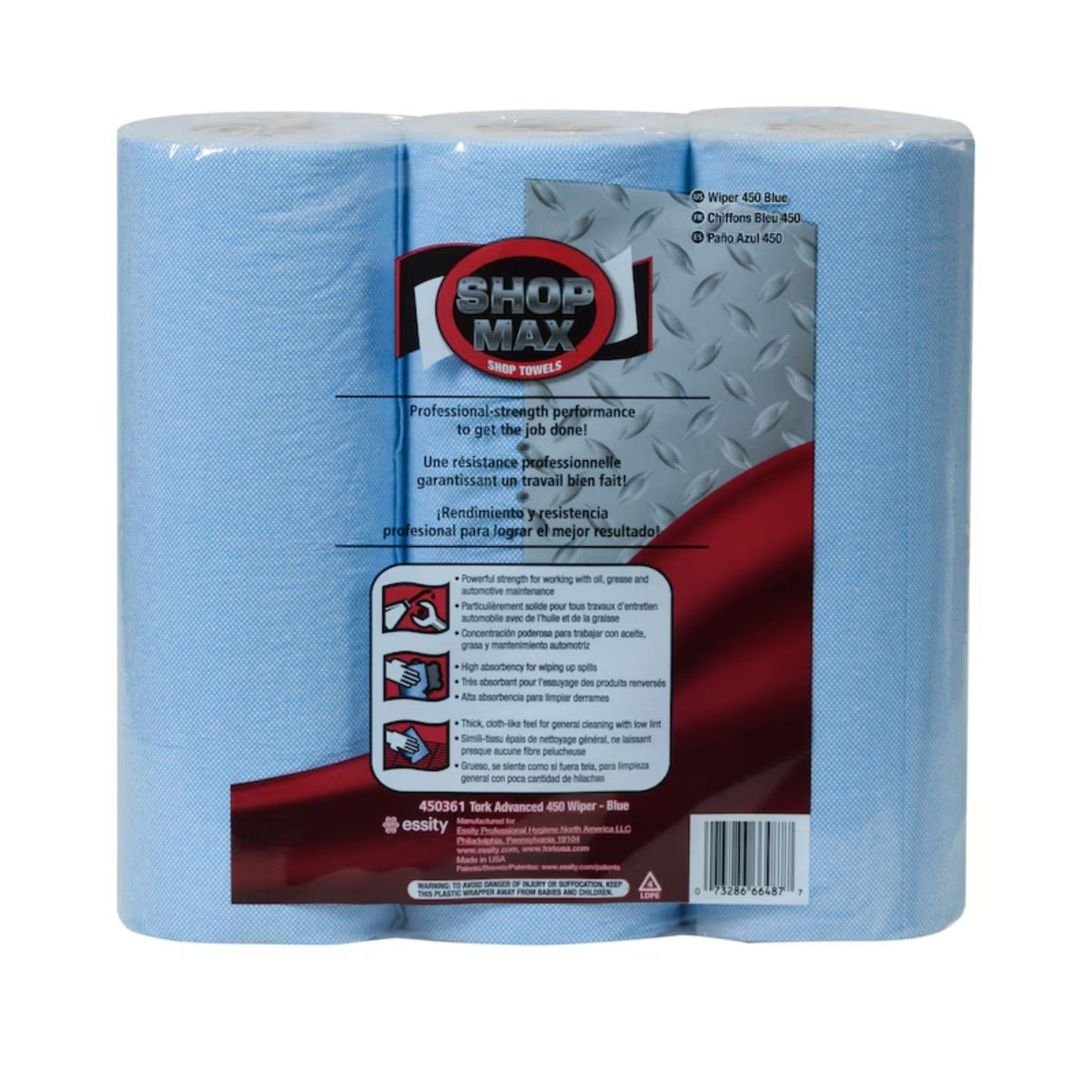 Chiffons bleu ShopMax 3 rouleaux 55 feuilles Tork mécanique graisse huile